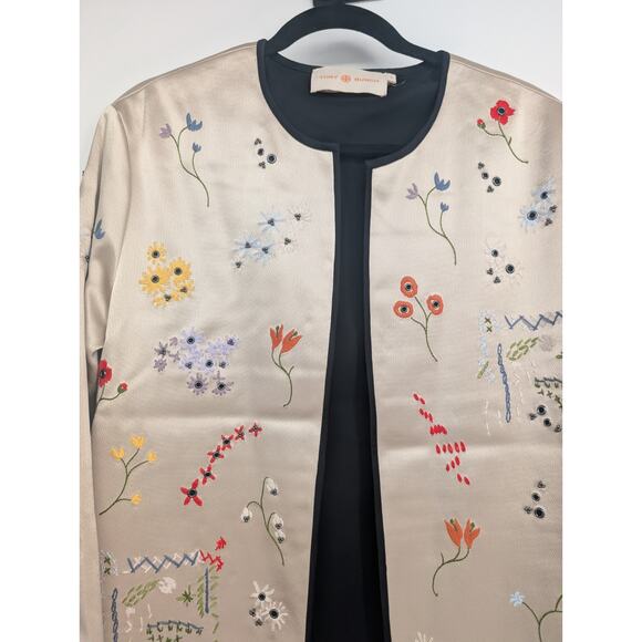 NWD Tory Burch Embroidery Quilted Open Front Satin jacket Sz 6 Pale Stone 1G474 - Picture 7 of 14